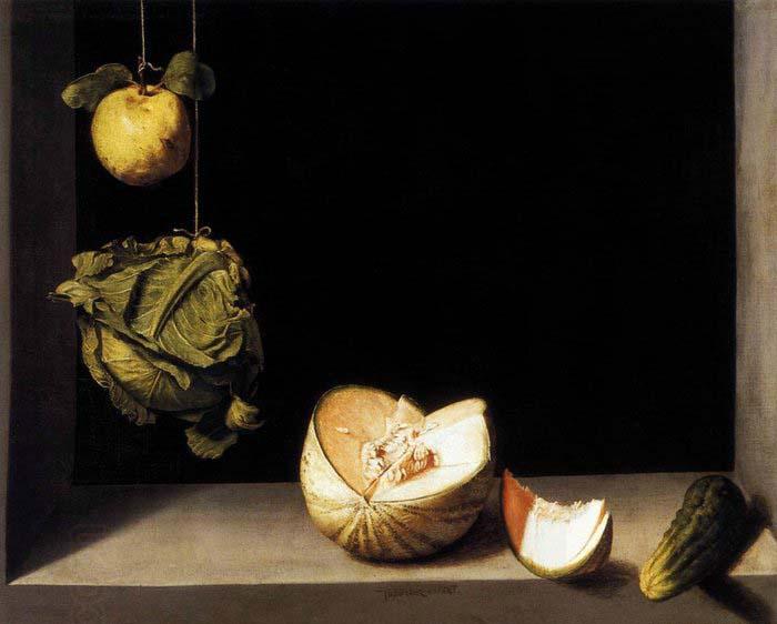 SANCHEZ COELLO, Alonso Still-life with Quince, Cabbage, Melon and Cucumber